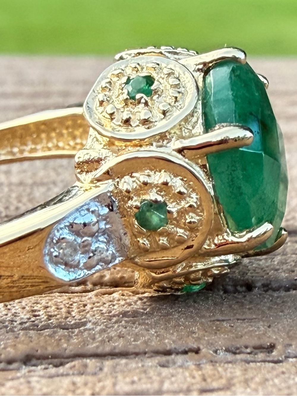 14K Yellow Gold Over Sterling Silver 3.22 CTW AAA Emerald & Diamond Ring Size 7 - Picture 10 of 14